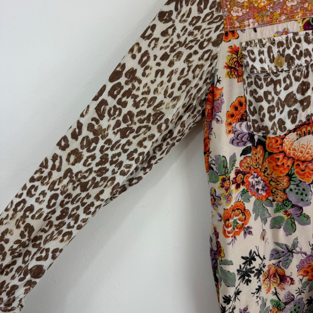 Pilcro Anthropologie Patchwork Shirt Leopard Floral Mixed Print XS Boho Eclectic - Picture 7 of 14